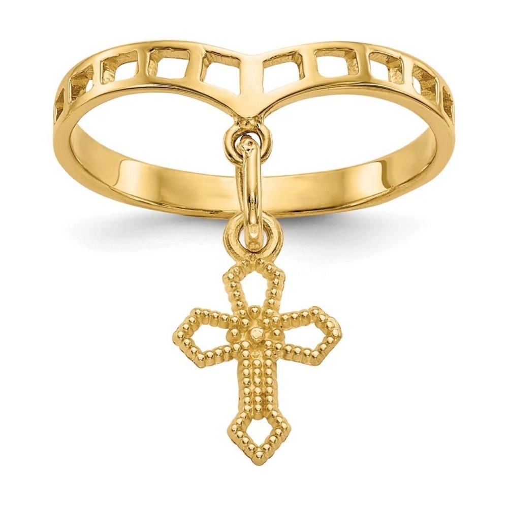 14K Solid Yellow Gold Cross Dangle Charm Victorian Gothic Dainty Estate Ring